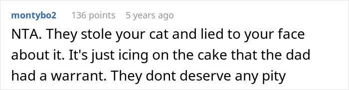 Comment discussing a woman crying to her sheriff dad about neighbors stealing her cat and being called a spoiled brat.