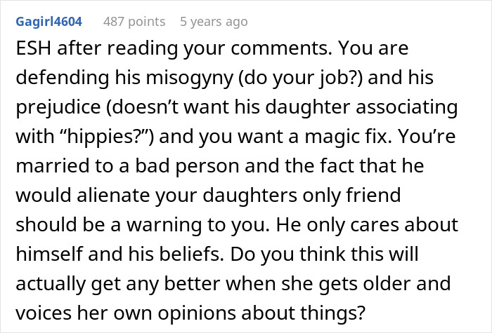 Comment discussing vegan-hating husband alienating daughter&rsquo;s only friendship while wife still defends him online.