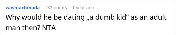 Text comment on a screen showing a discussion about dating a dumb kid, relating to young woman single dad date topics.