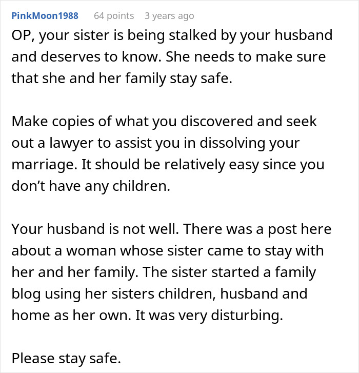 Comment warning about husband&rsquo;s obsession with sister&rsquo;s weight and advising safety and legal action for the woman.