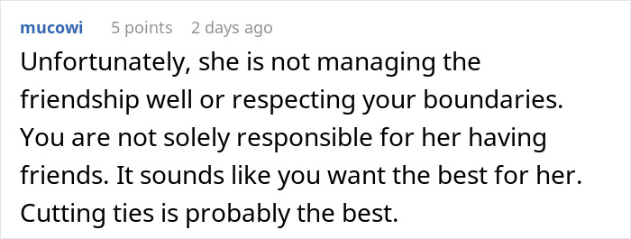 Comment explaining a woman struggling to manage a long-term friendship while respecting boundaries before being blocked.