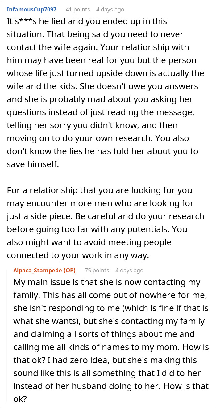 Text conversation showing a woman dealing with the fallout of discovering her boyfriend&rsquo;s wife contacting her family.