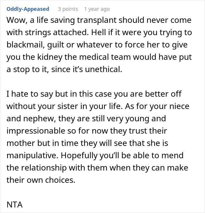 Screenshot of a forum comment discussing a man sad about niblings being brainwashed to hate him and cutting contact with family.