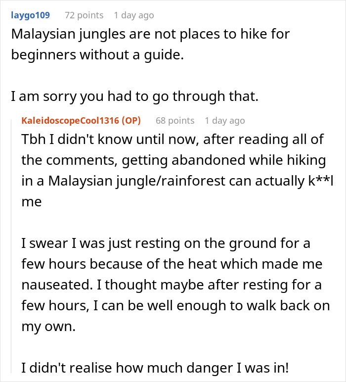 Reddit comment discussing men abandoning partners during outdoor hiking in Malaysian jungles and the dangers faced.