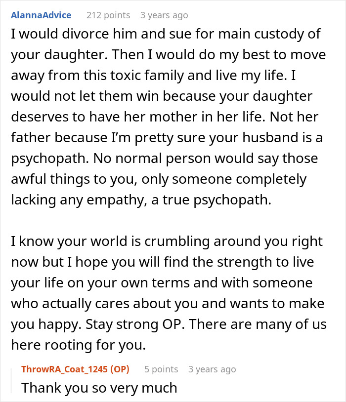 Screenshot of a Reddit comment advising a woman to move away from toxic in-laws and regain custody of her daughter. Screenshot of a Reddit comment advising a woman to move away from toxic in-laws and regain custody of her daughter.