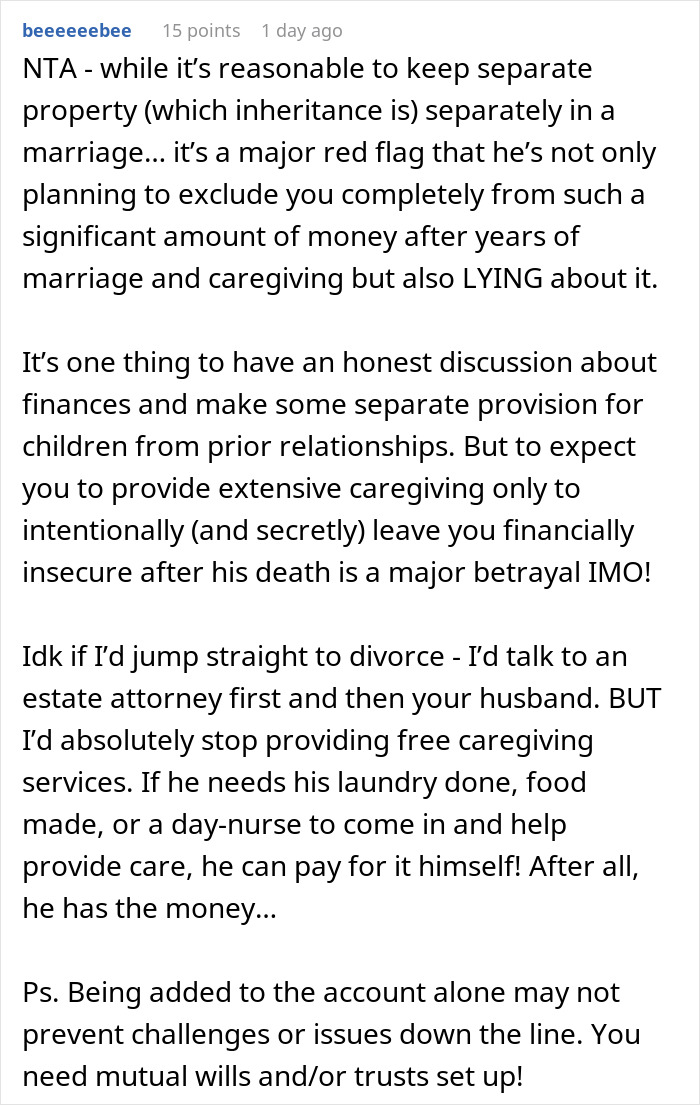 Comment discussing husband lying about inheritance and plans to leave caregiving wife financially insecure after marriage.