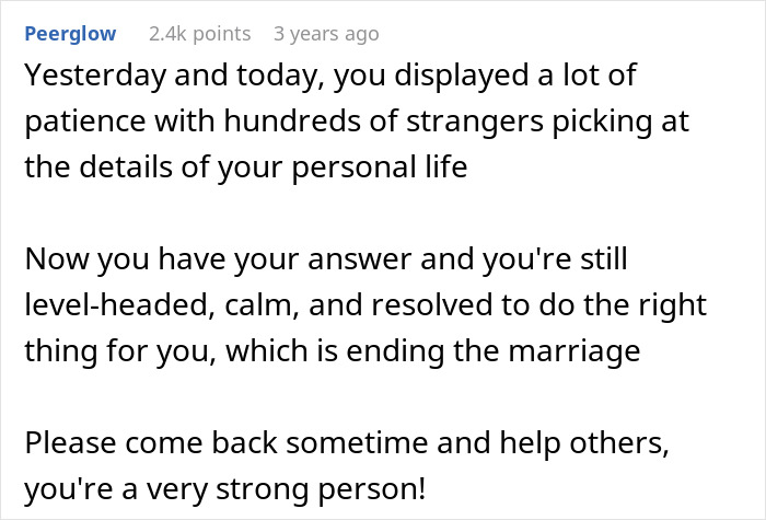 Screenshot of a Reddit comment praising a woman weirded out by her husband&rsquo;s obsession with her sister&rsquo;s weight for staying calm.