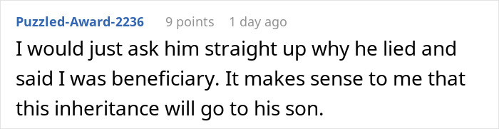 Comment discussing a husband lying about inheritance and leaving his wife who has been taking care of him with nothing.