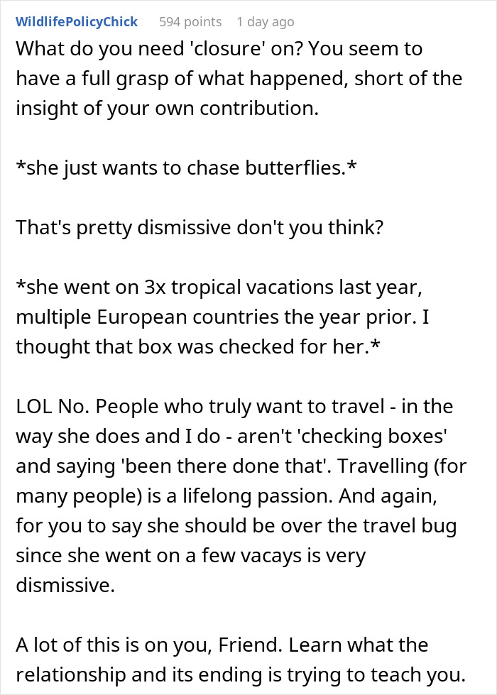 Reddit comment discussing why fianc&eacute;e left, mentioning she wants to chase butterflies and travel passions.