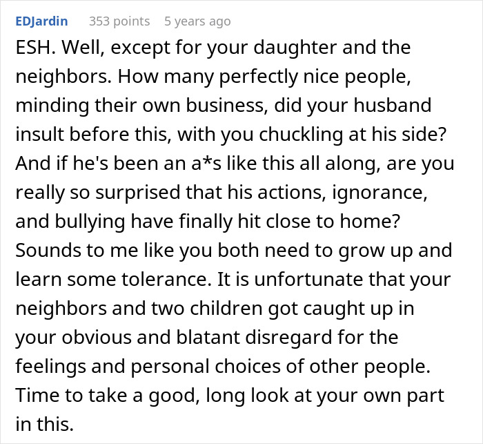 Comment criticizing vegan-hating husband for ruining daughter&rsquo;s friendship, urging tolerance and accountability.