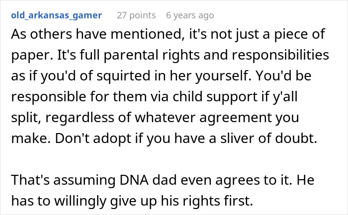Comment discussing parental rights and responsibilities involved when a man refuses to adopt wife's kids after hidden info.