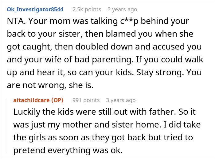 Reddit conversation revealing a dad stops letting his parents babysit after hearing true thoughts on parenting.