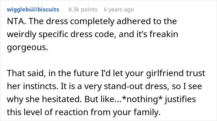 Comment discussing drama caused by guy approving outfit for sister&rsquo;s wedding, impacting his girlfriend and family reactions.