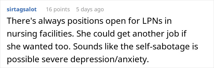 Comment discussing job options for LPNs in nursing, mentioning self-sabotage linked to depression and anxiety in mom work drama relationship family.