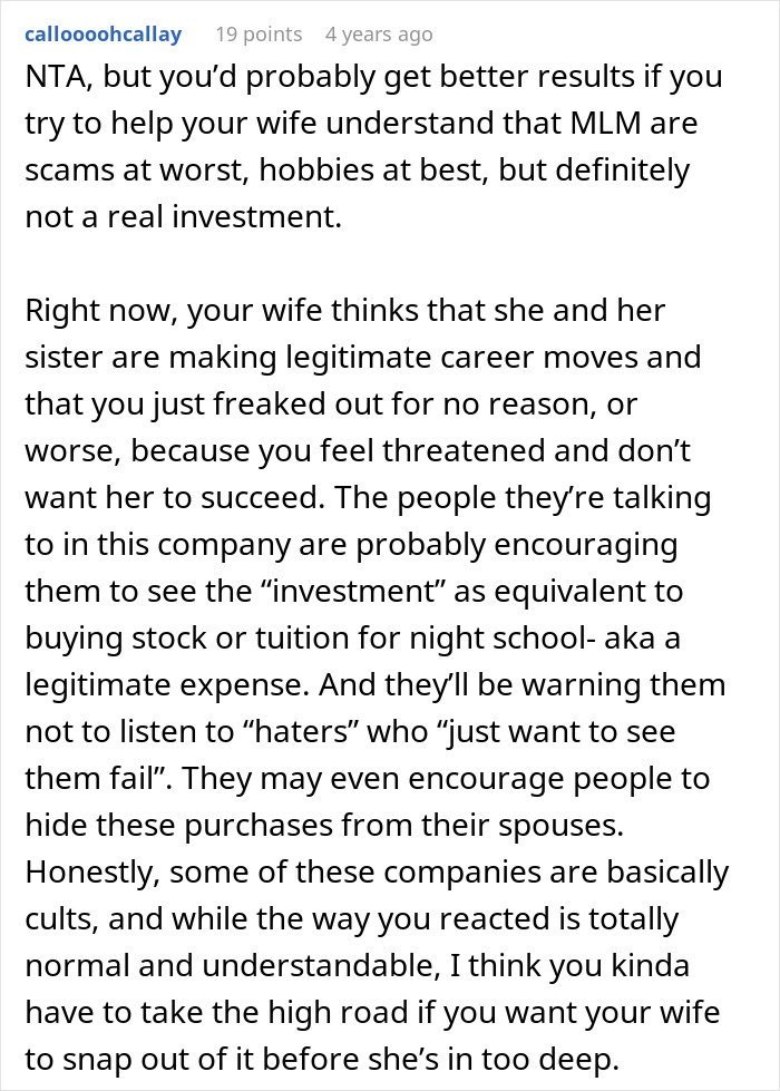 Text excerpt discussing a man discovering his wife secretly sent money to a sister&rsquo;s pyramid scheme and dealing with the situation.