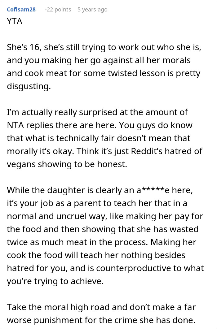 Comment criticizing mom for making vegan teen cook meat as a lesson about wasting food, calling it disgusting.