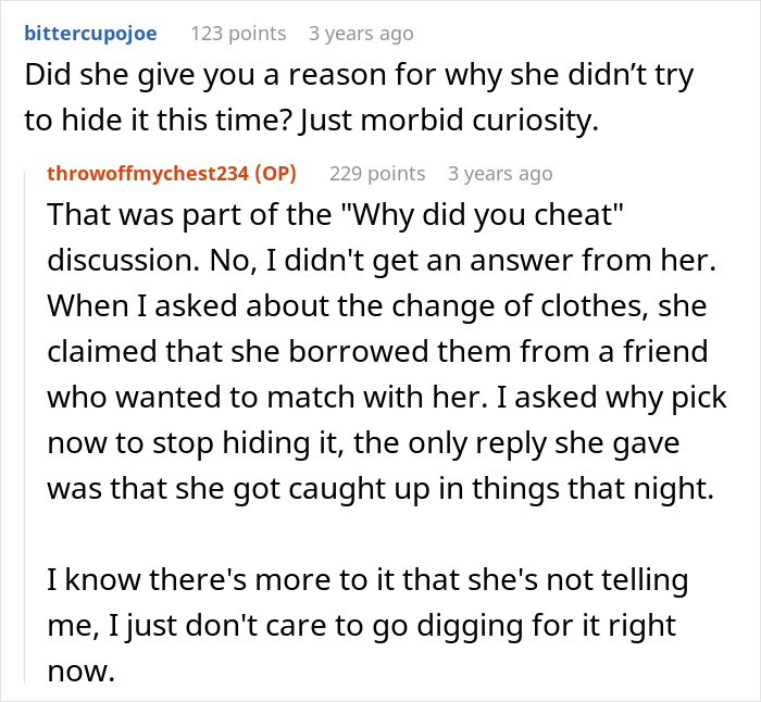 Reddit conversation showing a woman admitting to cheating multiple times for variety and husband revealing it to her parents.