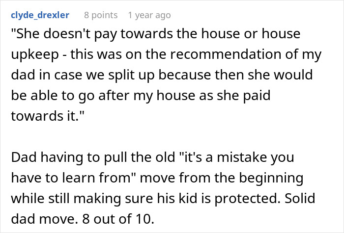 Screenshot of a Reddit comment discussing a dad&rsquo;s legal advice about house payments and protecting his kid&rsquo;s interests.
