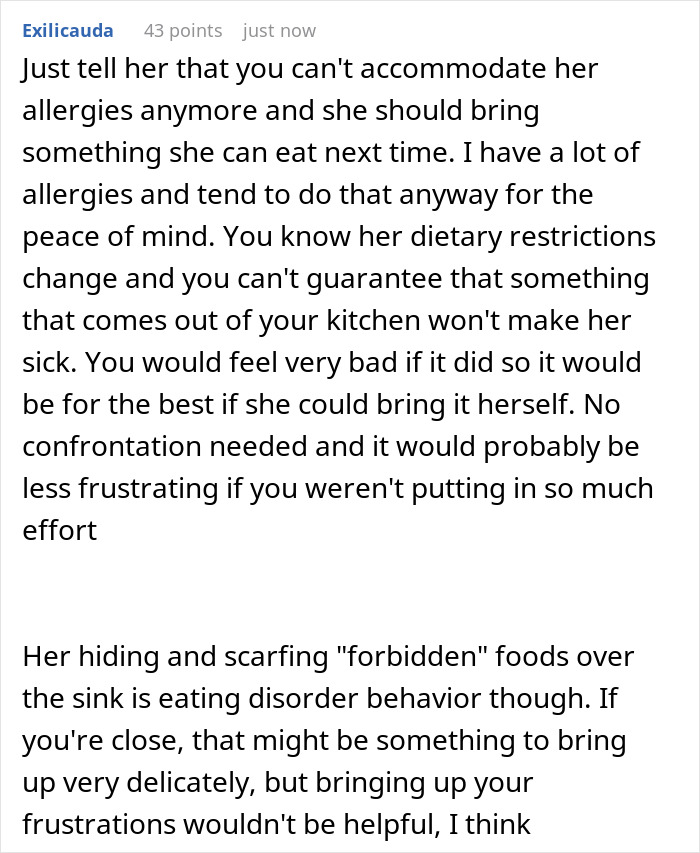 Comment discussing picky eater justifying dietary restrictions as allergies, then secretly eating regular food.
