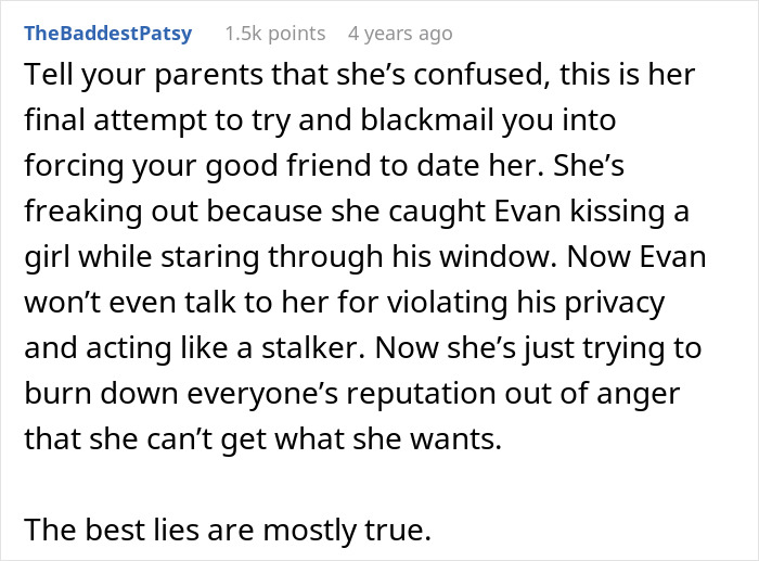 Comment discussing a sister caught her brother with his secret boyfriend and demands he dump him to date her instead.