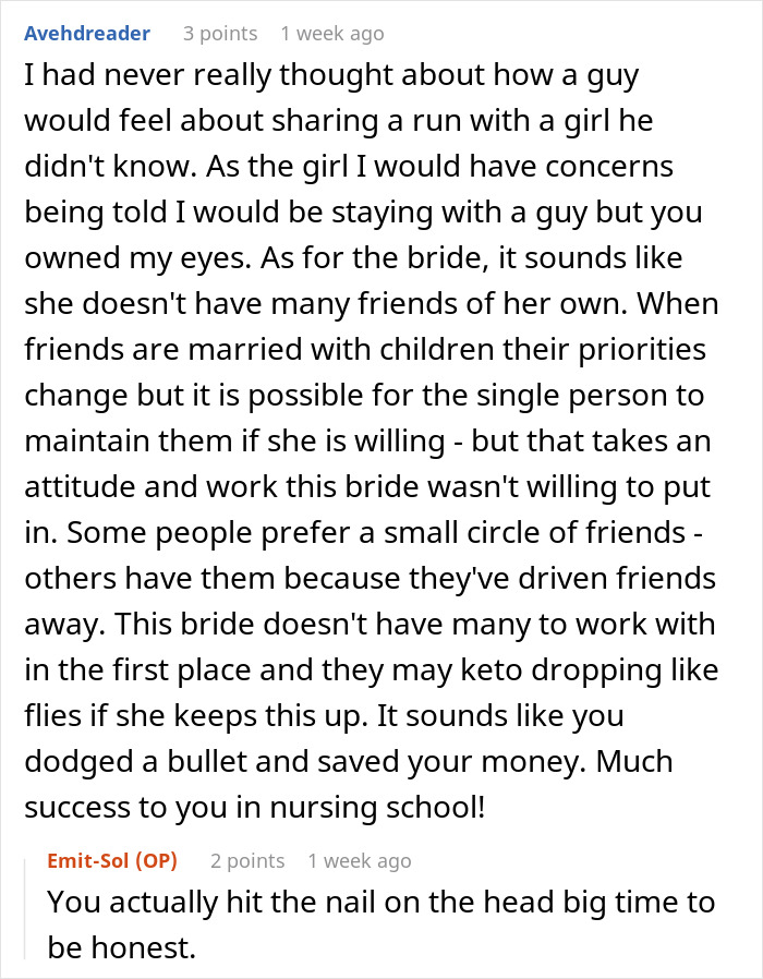 Comment discussing bride&rsquo;s obsession with control affecting her friendships before the wedding in an online forum.