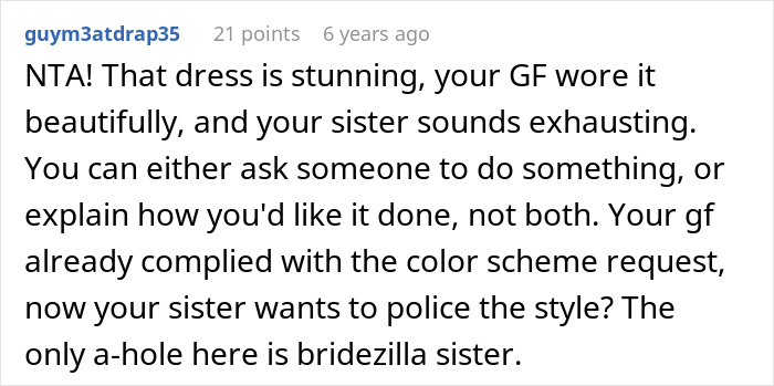 Comment discussing guy approving girlfriend's outfit causing drama at sister&rsquo;s wedding and calling sister bridezilla.