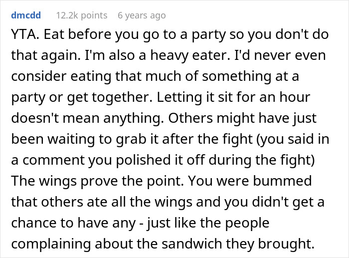 Comment discussing eating a bigger share of sandwich at a party and the impact of heavy eaters on food availability.