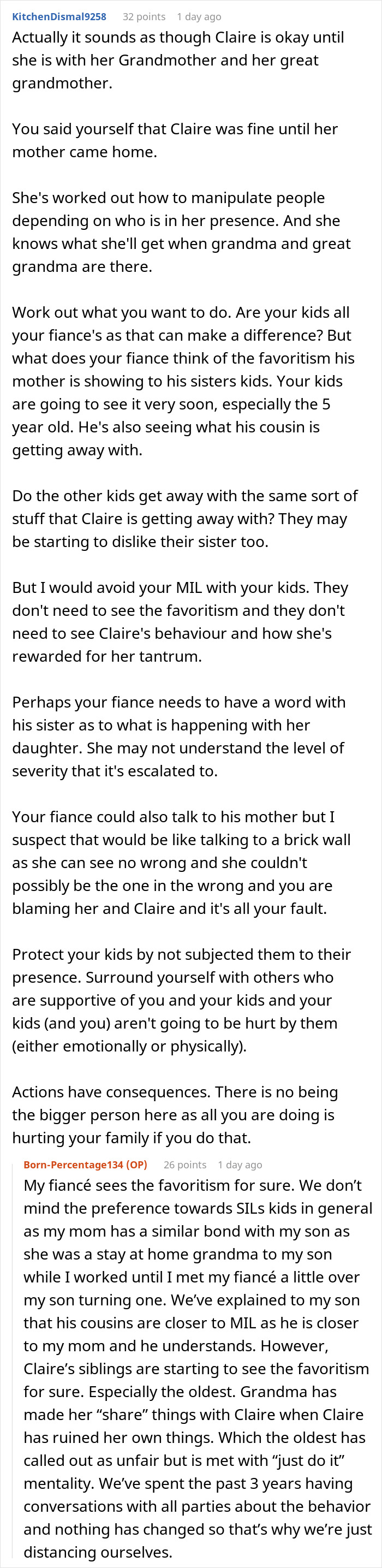 Screenshot of a family forum discussion about a violent niece injuring a baby and enabling family dynamics.