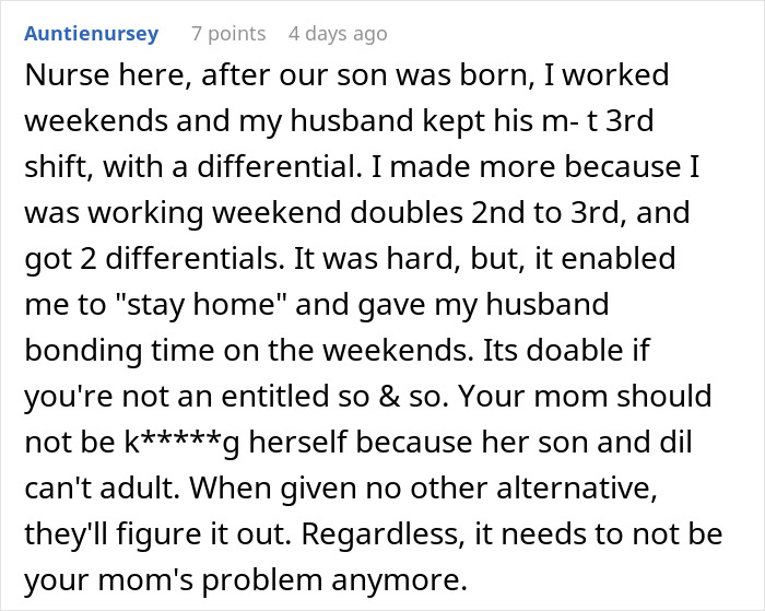 Comment discussing family financial expectations and the entitlement around grandma supporting a stay-at-home wife.