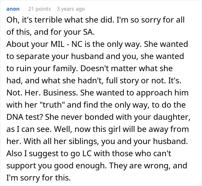 Reddit comment expressing sympathy and advice after a MIL secretly DNA tested grandkid, causing family conflict and backlash.