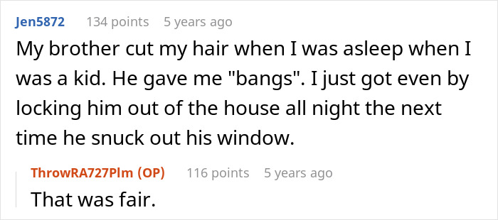 Screenshot of a forum discussion about a creepy teen cutting a step-sister&rsquo;s hair while parents dismiss concerns.