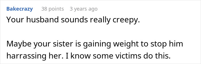 Screenshot of a forum comment discussing a husband&rsquo;s obsession with his wife&rsquo;s sister&rsquo;s weight and possible reasons behind it.