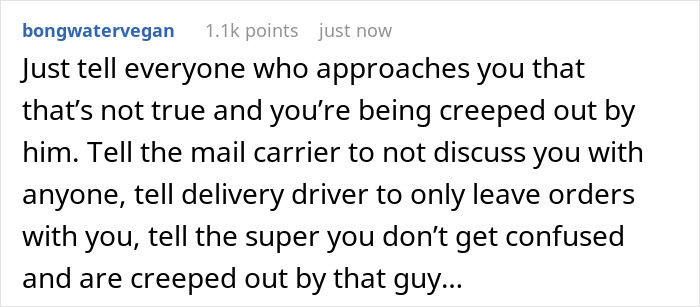 Commenter advises setting boundaries with a helpful neighbor pretending to be a woman's caretaker to avoid discomfort.