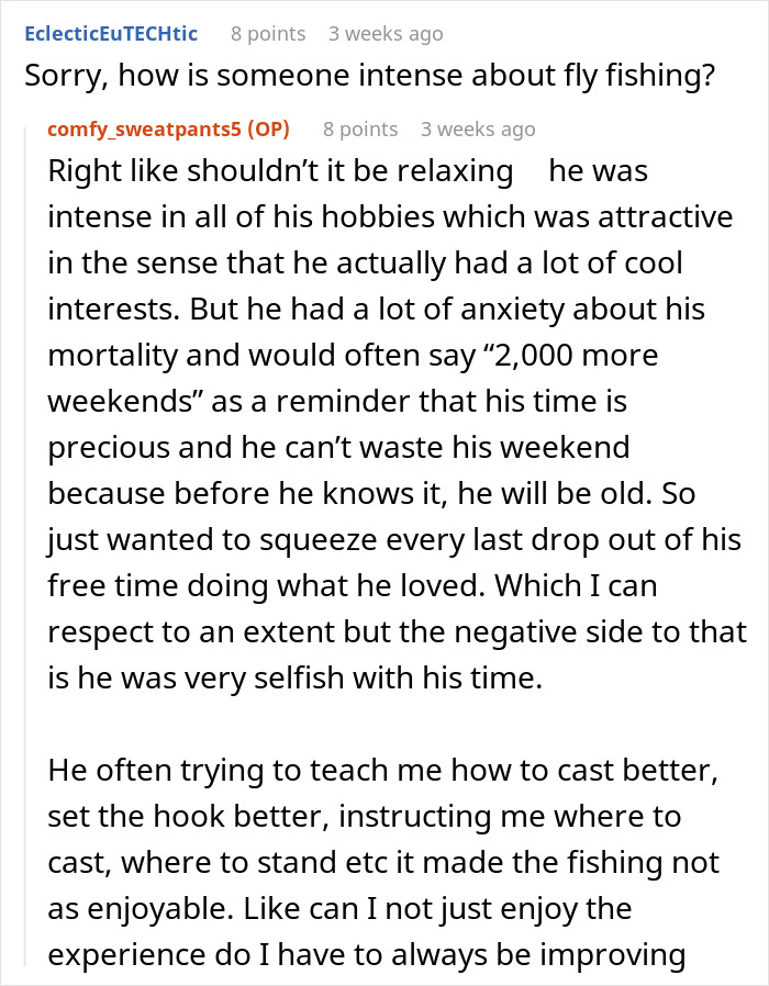 Reddit conversation discussing men abandoning their partners during outdoor activities like fly fishing and related relationship dynamics.