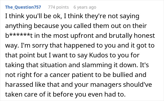 Screenshot of a comment discussing a cancer survivor silencing rumors at work and facing concerns about her actions.