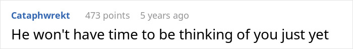 Screenshot of an online comment reading He won’t have time to be thinking of you just yet about employee accidentally revealing mistress. Screenshot of an online comment reading He won’t have time to be thinking of you just yet about employee accidentally revealing mistress.