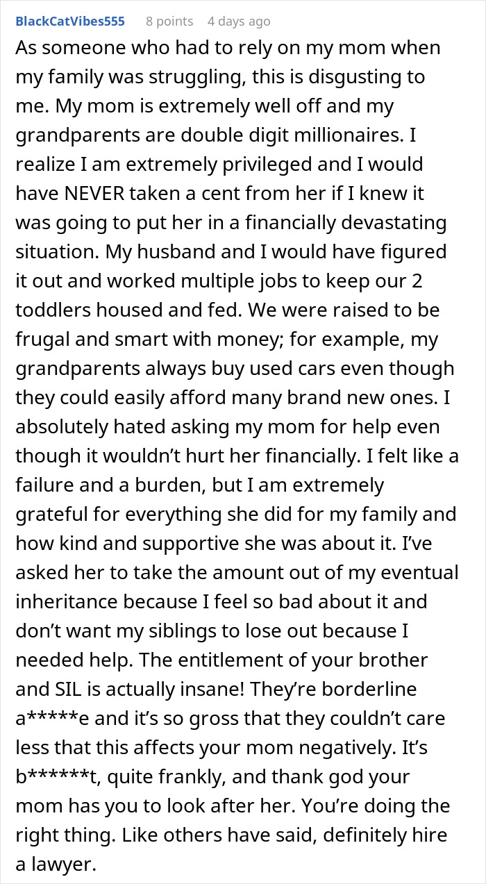 Comment expressing frustration over family expecting grandma to support them financially so wife can be a stay-at-home mom.