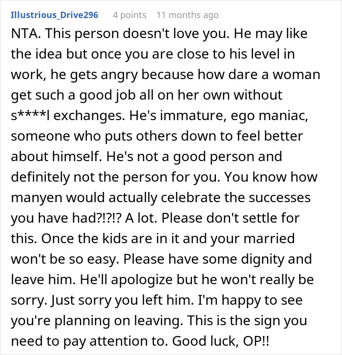 Comment discussing a man dismissing his girlfriend&rsquo;s major career milestone, accusing her of sleeping her way to success.