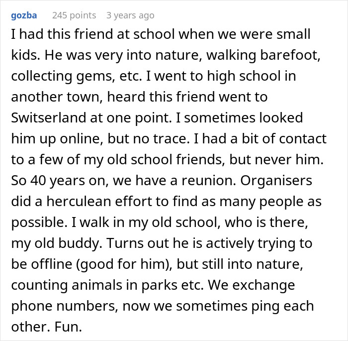 Comment about guy thinking he imagined teenage ex, later meeting reveals he now lives as a man in the US at a reunion.