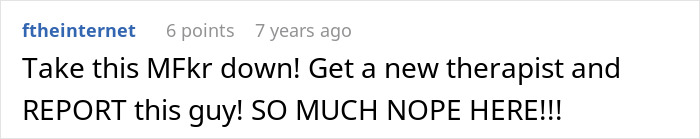 Screenshot of an online comment expressing alarm about a therapist, related to woman confused how coworkers know about her.
