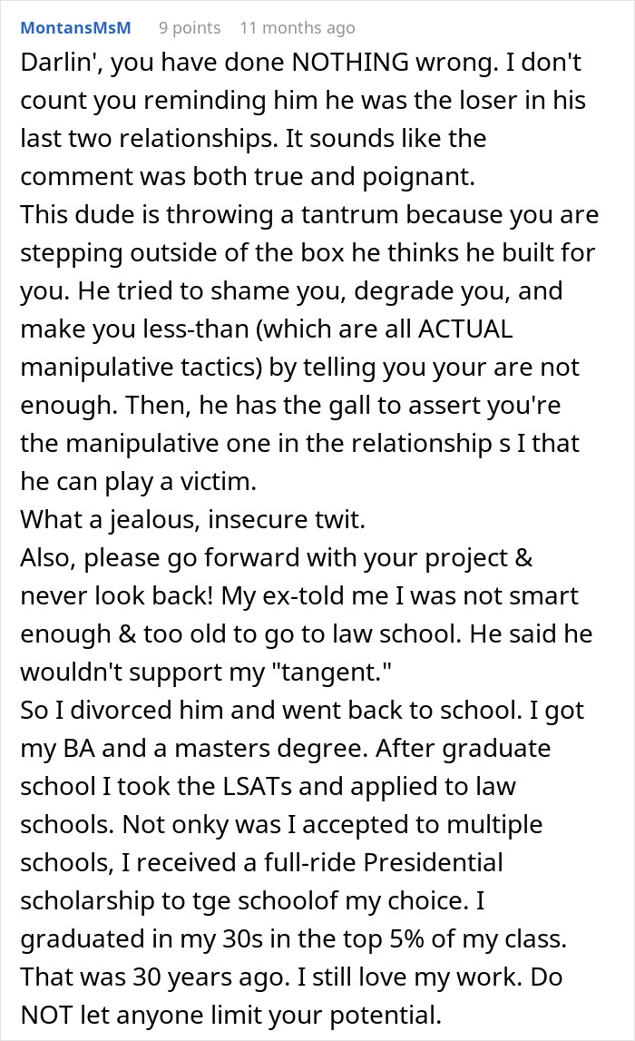 Commenter condemns man who dismisses girlfriend&rsquo;s career milestone and accuses her of sleeping her way to success.