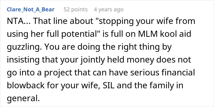 Comment discussing man discovering wife sent money to sister&rsquo;s pyramid scheme and responding with an ultimatum about finances.