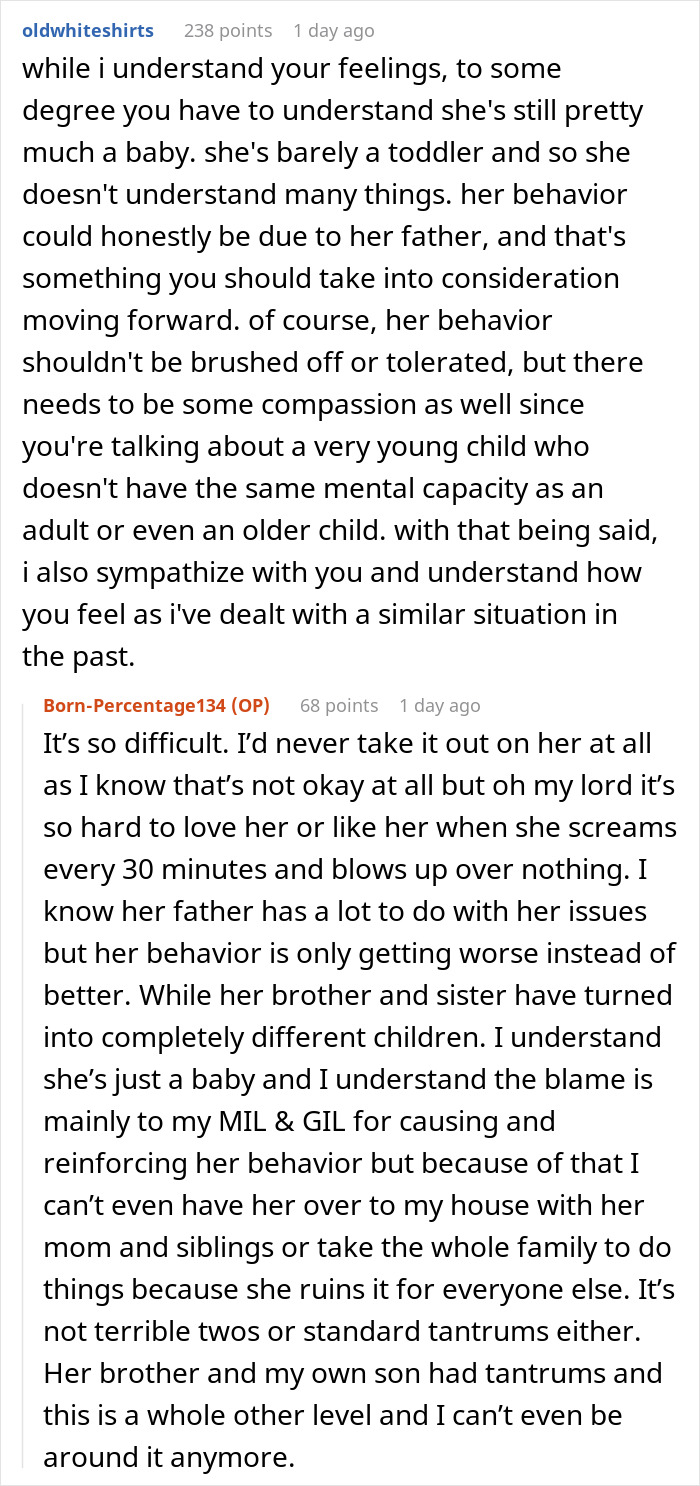 Screenshot of a detailed online discussion about a violent niece injuring a 6-month-old baby and family enabling behavior.