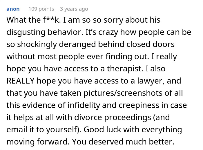 Comment expressing sympathy for woman weirded out by husband&rsquo;s obsession with her sister&rsquo;s weight and infidelity evidence.