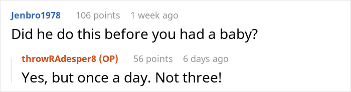 Screenshot of an online conversation about a man using bathroom habits to avoid parenting duties, with a frustrated tone.
