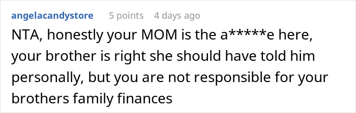 Screenshot of an online comment discussing family financial expectations and responsibility involving a grandmother supporting a stay-at-home wife.