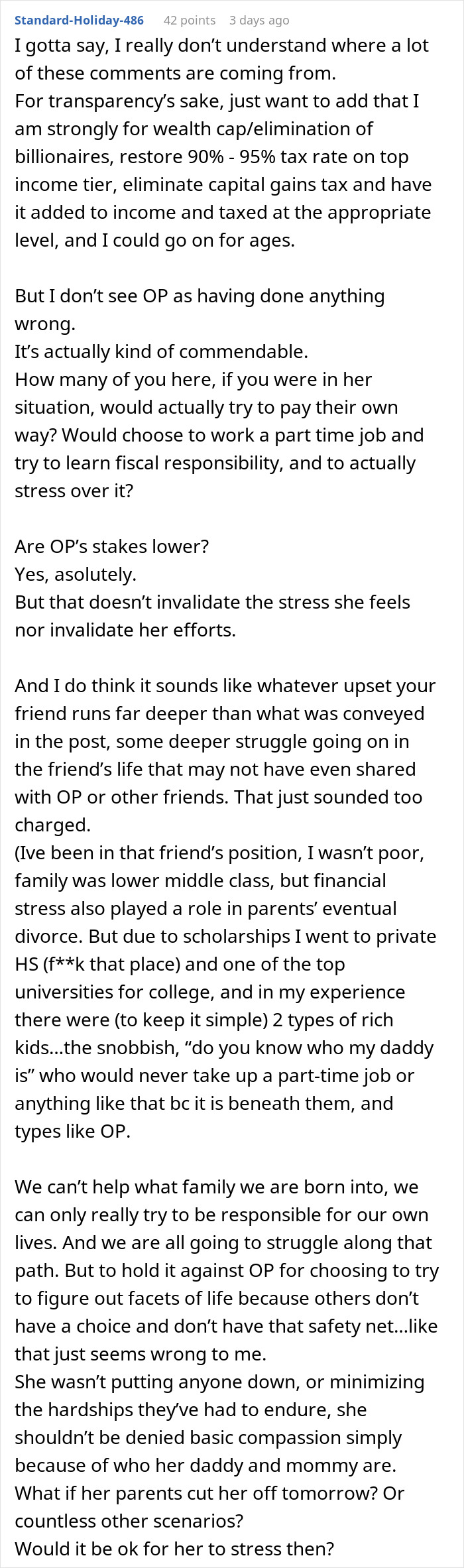 Online discussion about privilege and wealth involving a woman who grew up wealthy and lost friends over it.