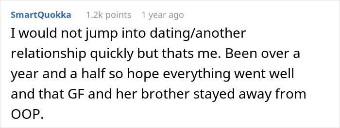 Comment from user SmartQuokka discussing relationship experiences and hoping for positive outcomes for a girlfriend and her brother.