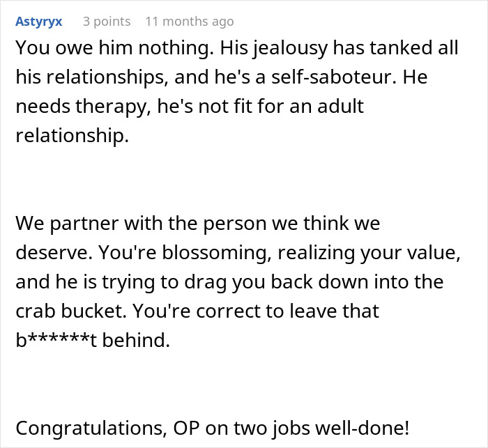 Comment discussing a man dismissing his girlfriend&rsquo;s major career milestone and accusing her of sleeping her way to success.
