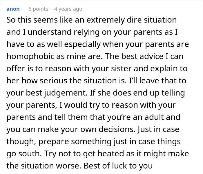 Comment discussing a difficult situation involving a guy&rsquo;s sister, secret boyfriend, and family challenges.